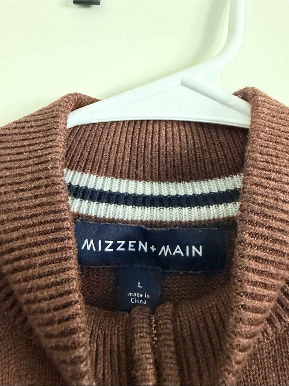 Mizzen+Main Brown Zip-Up Sweater with Striped Collar